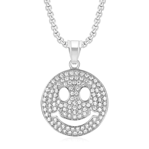 Hiphop Silber Smiley Anhänger Halskette mit Zirkonia und klobiger Box Kette für Damen