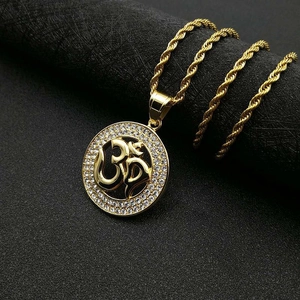 Hip hop gold plated titanium steel Om pendant necklace with clear cubic zirconia stones