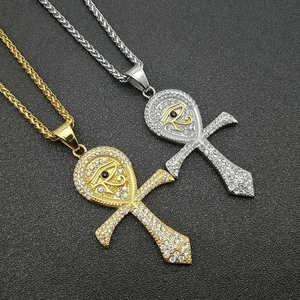 Collier Pendentif Ankh Croix Œil d'Horus en Acier Titane Hip Hop Or Plaqué sous Vide Pavage Strass Bijoux Égyptiens pour Unisexe