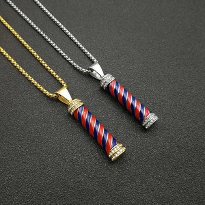 Hip Hop Barber Pole Pendant Necklace Stainless Steel Rhinestone Enamel Box Chain Barber Shop Stylist Jewelry Gift For Men Women