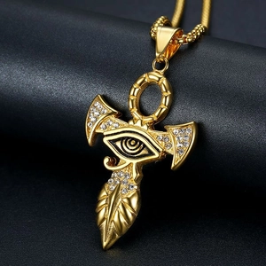 Collana con Pendente Occhio di Horo Egiziano Placcato Oro in Acciaio Inossidabile Hip Hop Con Croce Ankh Strass Gioielli Religiosi