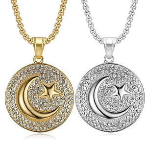 Hip Hop Stainless Steel Moon Star Round Pendant Necklace With Rhinestone Iced Out Fashion Jewelry For Men Women Gold Silver