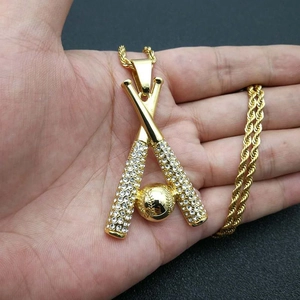 Hip hop χρυσό κολιέ με μενταγιόν μπέιζμπολ, κυβική ζιρκόνια και στριφτή αλυσίδα σχοινί