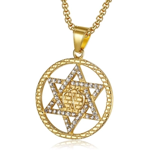 Collier Pendentif Hexagramme Hip Hop en Acier au Titane Plaqué Or Étoile de David avec Strass Symbole Maçonnique Bijoux Homme Femme