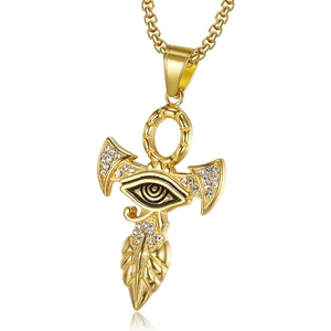 Collana hip hop placcata in oro con ciondolo occhio di Horus e croce Ankh ghiacciati