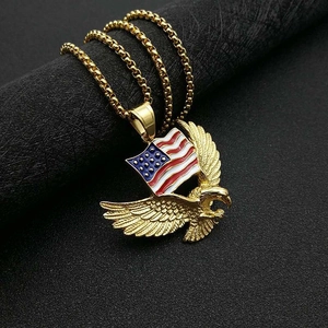Gold plated stainless steel eagle pendant necklace with American flag enamel and box chain