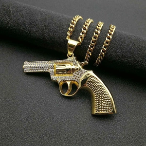 Hip Hop Edelstahl Revolver Pistole Anhänger Halskette Strass Besetzt Herren Persönlichkeit Schmuck Mode Anhänger