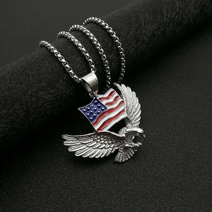 Silver stainless steel American flag eagle pendant necklace with round box chain