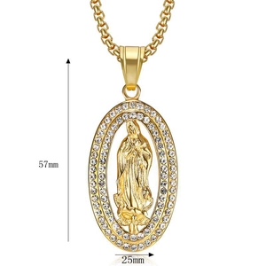 Gold plated hip hop Virgin Mary pendant necklace with zircon crystals, 57mm x 25mm size