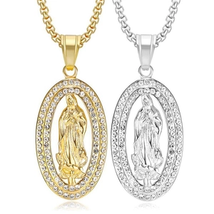 Hip Hop Religious Virgin Mary Pendant Necklace Titanium Steel Gold Silver Plated Rhinestone Inlaid Jewelry For Unisex Gift
