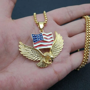 Gold plated stainless steel eagle pendant necklace with American flag enamel and box chain