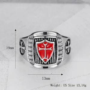 Knights Templar shield ring in titanium steel with red enamel cross design