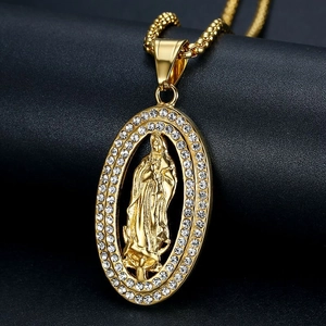 Iced out Virgin Mary oval pendant necklace in gold-plated steel with sparkling crystals