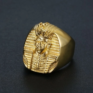 Anello Hip Hop Uomo Placcato Oro in Acciaio al Titanio Maschera Faraone Egiziano Tutankhamon Vintage Retro Punk Biker Gioielli
