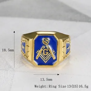 Gold plated stainless steel Masonic ring with blue enamel and G symbol, 18.5mm face height