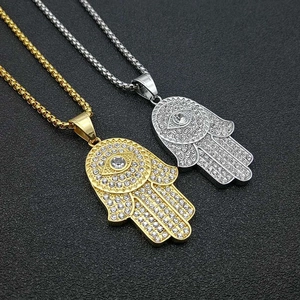 Collier Pendentif Main de Fatima Hip Hop en Acier Titane pour Hommes Femmes Or Argent Plaqué Strass Mauvais Œil Bijoux Religieux