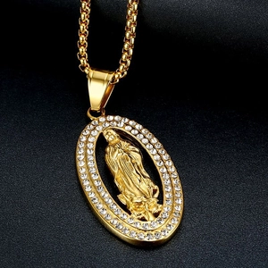 Iced out gold plated Virgin Mary pendant necklace with micro paved crystals on ball chain