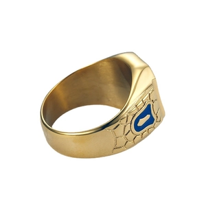 Gold-plated Freemason men's ring with blue enamel shield and honeycomb textured band