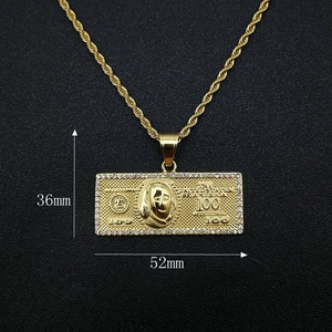 Hip hop 100 dollar bill gold necklace with iced out crystals and rope chain link