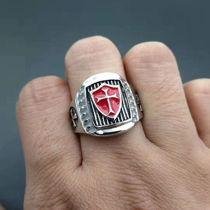 Men's Knights Templar signet ring with red enamel shield and white cross in silver finish
