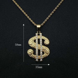 Pendentif dollar hip hop plaqué or avec cristaux et chaîne torsadée pour homme