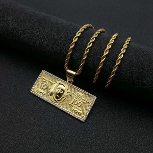 Hip Hop Dollar Bill Pendant Necklace Gold Titanium Steel Pave Rhinestone Jewelry For Men Women Trendy Money Pendant