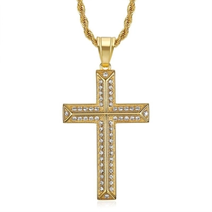 Collier avec pendentif croix plaqué or en acier inoxydable serti de zircons et chaîne corde