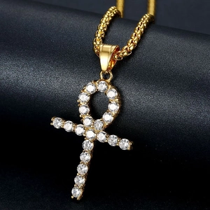 Hip Hop Gold plattierte Edelstahl Ankh Anhänger Halskette mit funkelnden Zirkonia Steinen