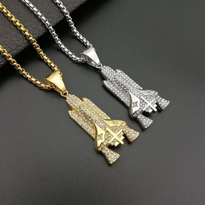Collier Pendentif Fusée Navette Spatiale Hip Hop en Acier au Titane avec Strass Bijoux Or Argent pour Unisexe
