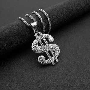 Collier pendentif signe dollar argenté hip hop avec cristaux et chaîne corde