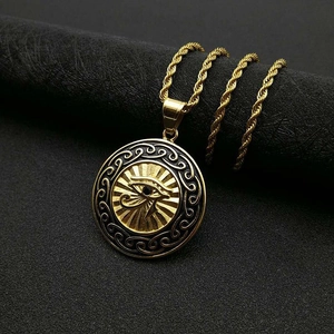 Golden Eye of Horus necklace in titanium steel with rope chain on black pedestal