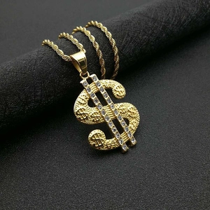 Collier Pendentif Signe Dollar en Acier Titane Hip Hop Avec Strass Couleur Or Argent Chaîne Torsadée Bijoux Unisexe