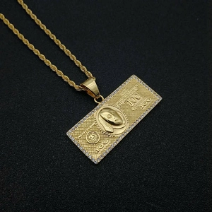 Hip hop gold plated dollar pendant necklace with iced out crystals and rope chain