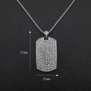 Pendentif plaque rectangulaire serti de cristaux argentés, collier homme hip hop de 51mm