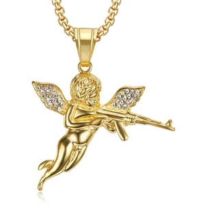 Collier Hip Hop en Acier Titane avec Pendentif Ange et Pistolet Ailes Pavées de Strass Cupidon AK-47 Bijoux pour Hommes Femmes