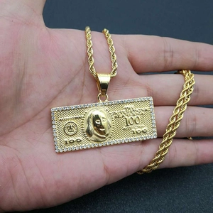 Hip hop 100 dollar bill pendant necklace in gold finish with sparkling zircon stones