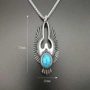Polished eagle pendant necklace with turquoise stone and dimension markings