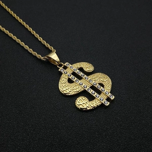 Collier pendentif signe dollar plaqué or hip hop avec cristaux sur chaîne corde