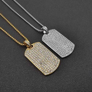 Colliers plaques militaires hip hop en or et argent avec zircons sur cuir noir