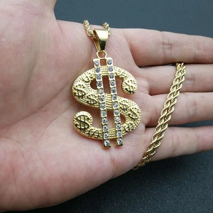 Collier pendentif signe dollar plaqué or hip hop avec cristaux et chaîne corde torsadée