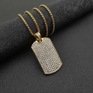 Collier Pendentif Plaque Militaire en Acier au Titane Hip Hop avec Strass pour Hommes Femmes Maille Miroir Or Argent Bijoux