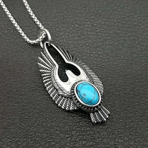 Retro Punk Stainless Steel Eagle Pendant Necklace For Men Women With Turquoise Stone Gothic Biker Animal Jewelry Polished Eagle Feather Wing Charm