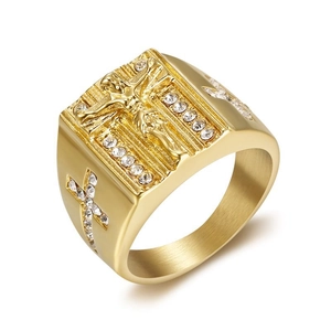 Bague Hip Hop Homme Jésus Crucifix Croix Acier Inoxydable Iced Out Strass Or Argent Plaqué Bijou Religieux Mode