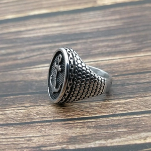 Vintage stainless steel navy anchor ring with silver finish and nautical relief
