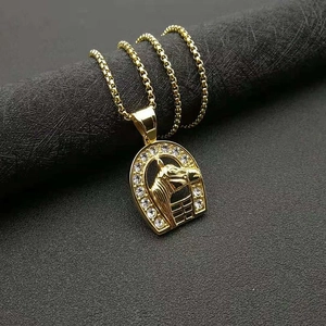 Hiphop gold plated titanium steel necklace featuring a diamond horse head pendant