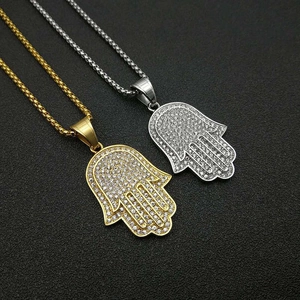Pendentif Seul Main de Hamsa Hip Hop Acier Titane Strass Pavé Main de Fatima Bijoux de Mode Sans Chaîne pour Hommes Femmes