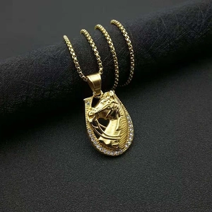 Gold plated hip hop necklace featuring a sparkling diamond-set horse head pendant
