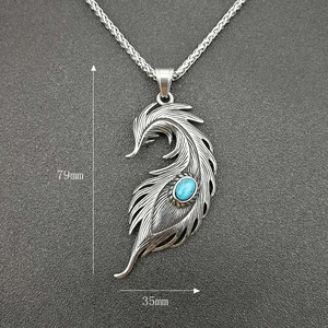 Retro titanium steel feather pendant necklace with turquoise stone and wheat chain