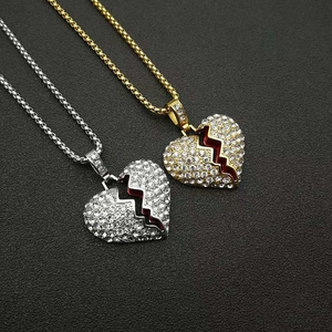 Hip Hop Edelstahl Halskette Mit Gebrochenem Herz Anhänger Für Herren Pave Strass Emaille Tropföl Straßenmode Schmuck