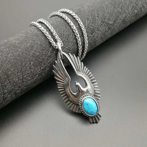 Vintage stainless steel eagle pendant necklace with turquoise stone and antique finish